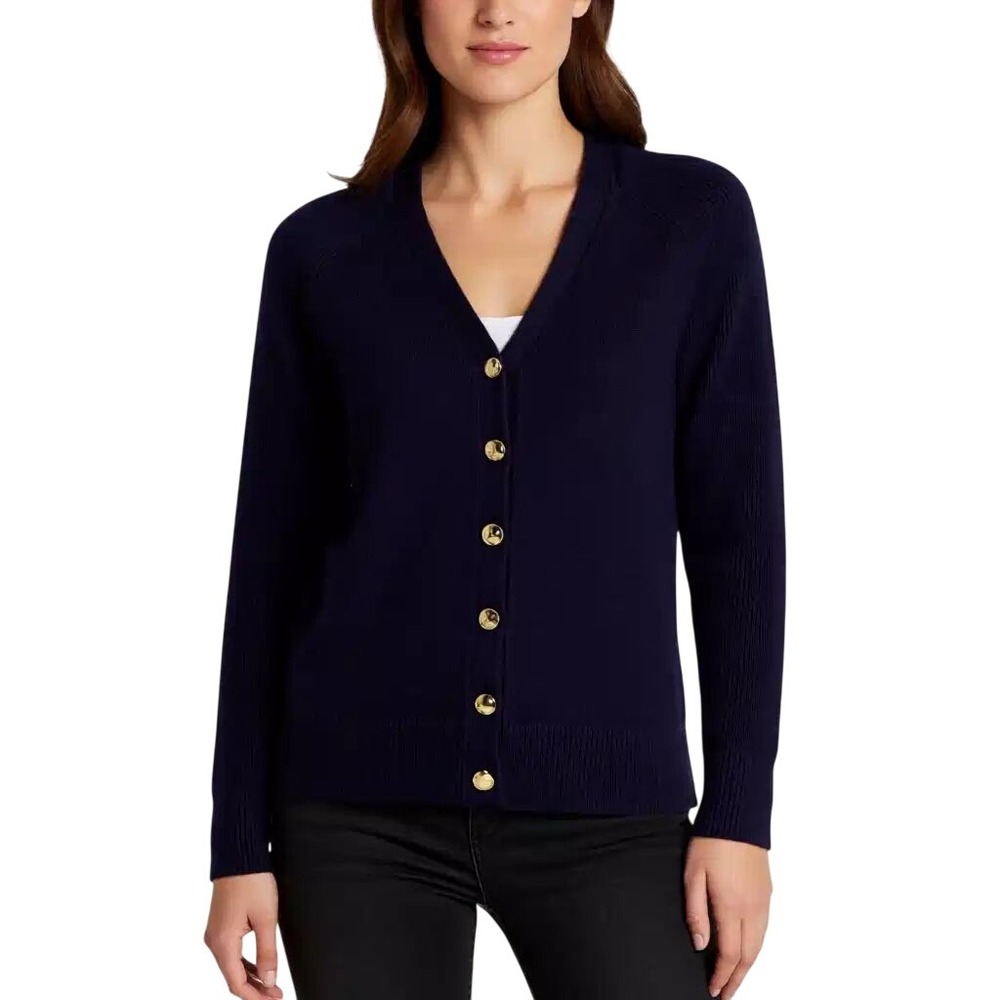 Joie Navy Blue V-Neck Cardigan Sweater Gold Buttons Recycled Knit Womens Med NWT